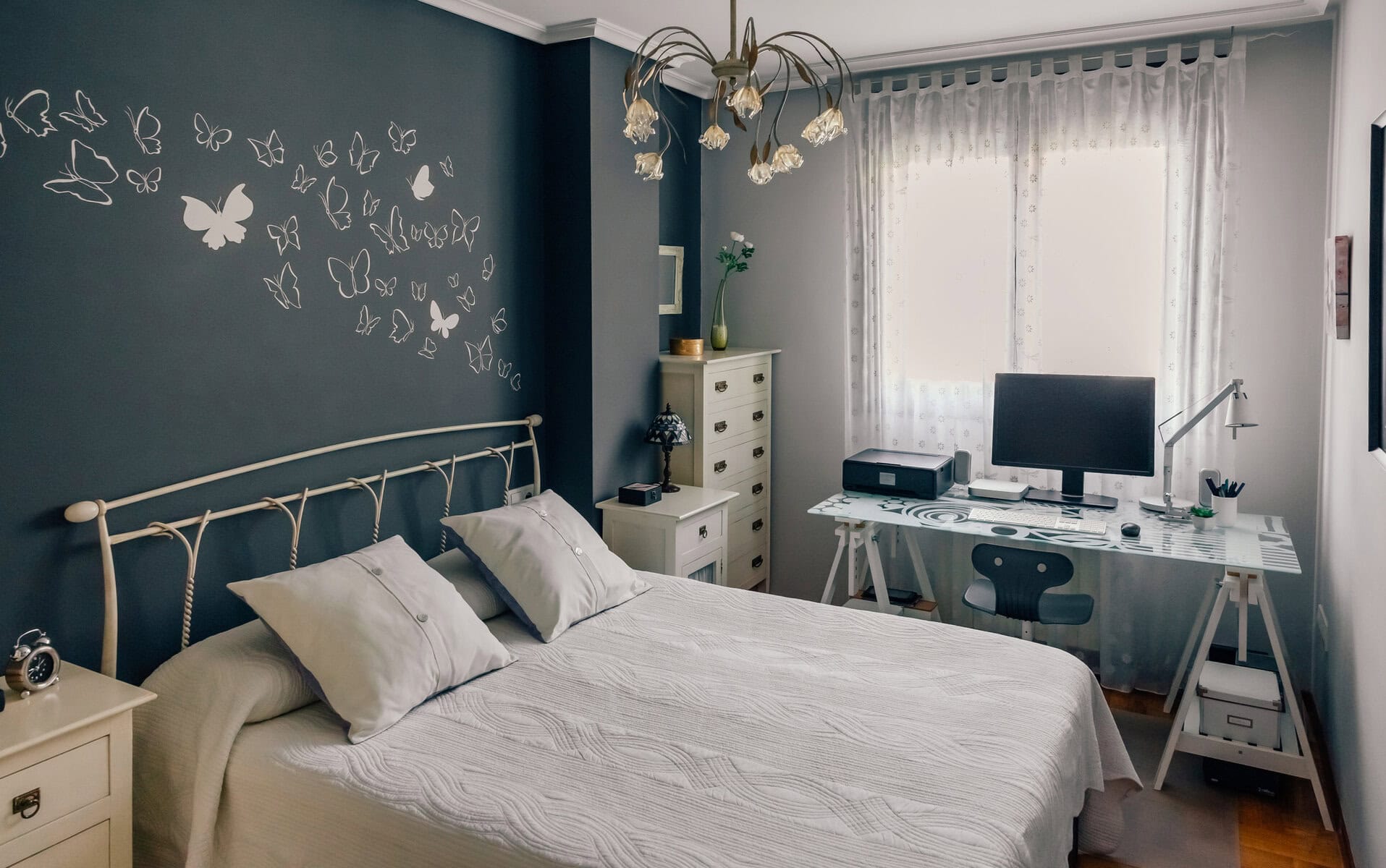 bedroom with custom black wallpaper