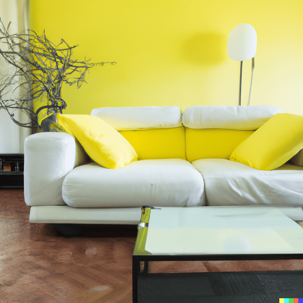 ChatGPT-generated modern living room with vibrant yellow color scheme and contemporary furniture