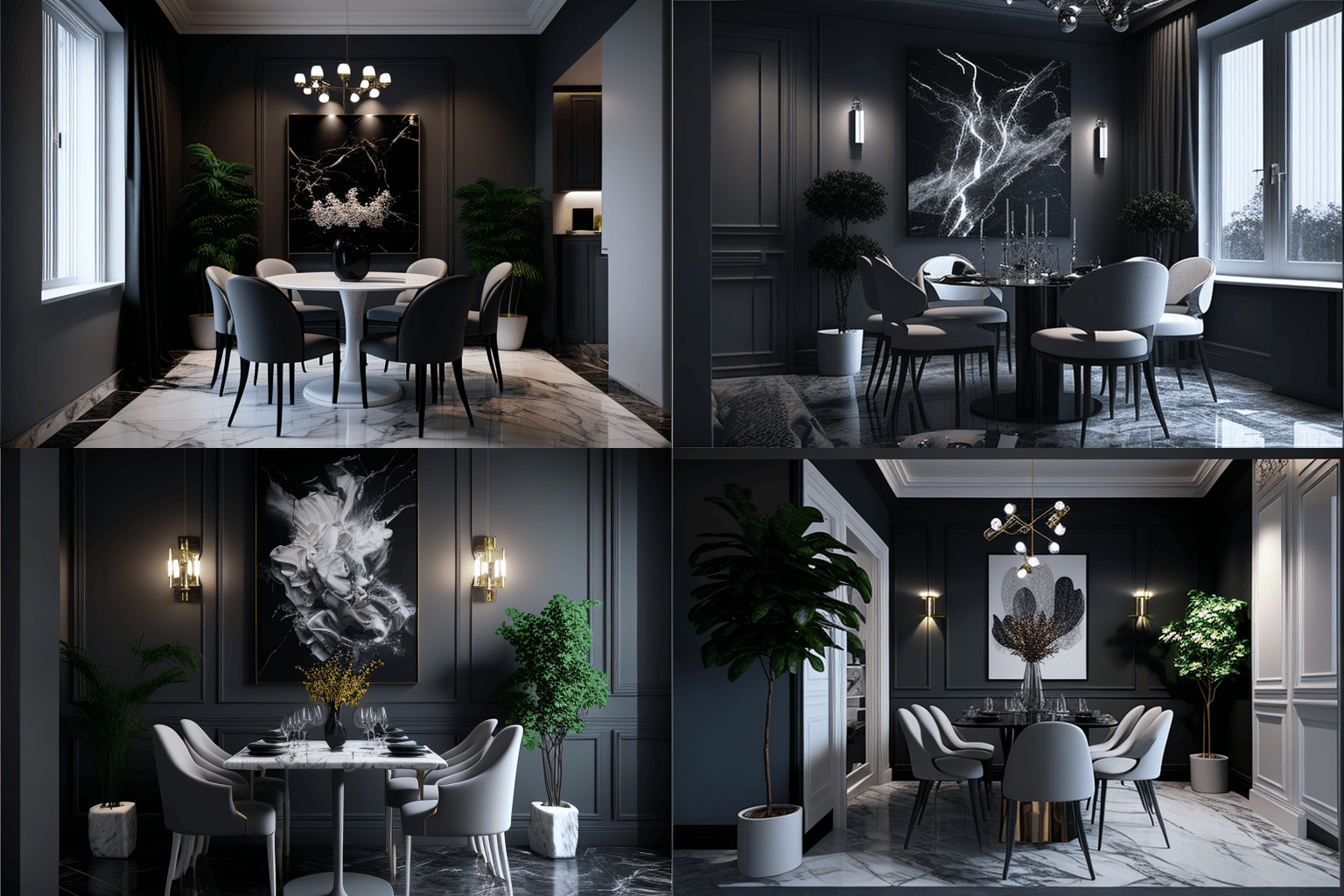 dining room marble floor dark grey walls white furniture modern led lighting