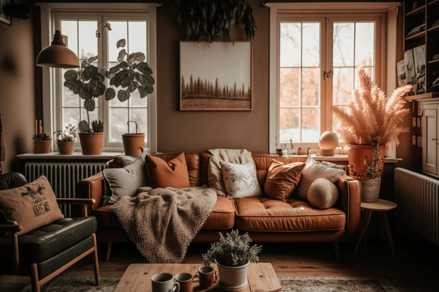 AI-generated warm and cozy living room design with natural earth tone color palette