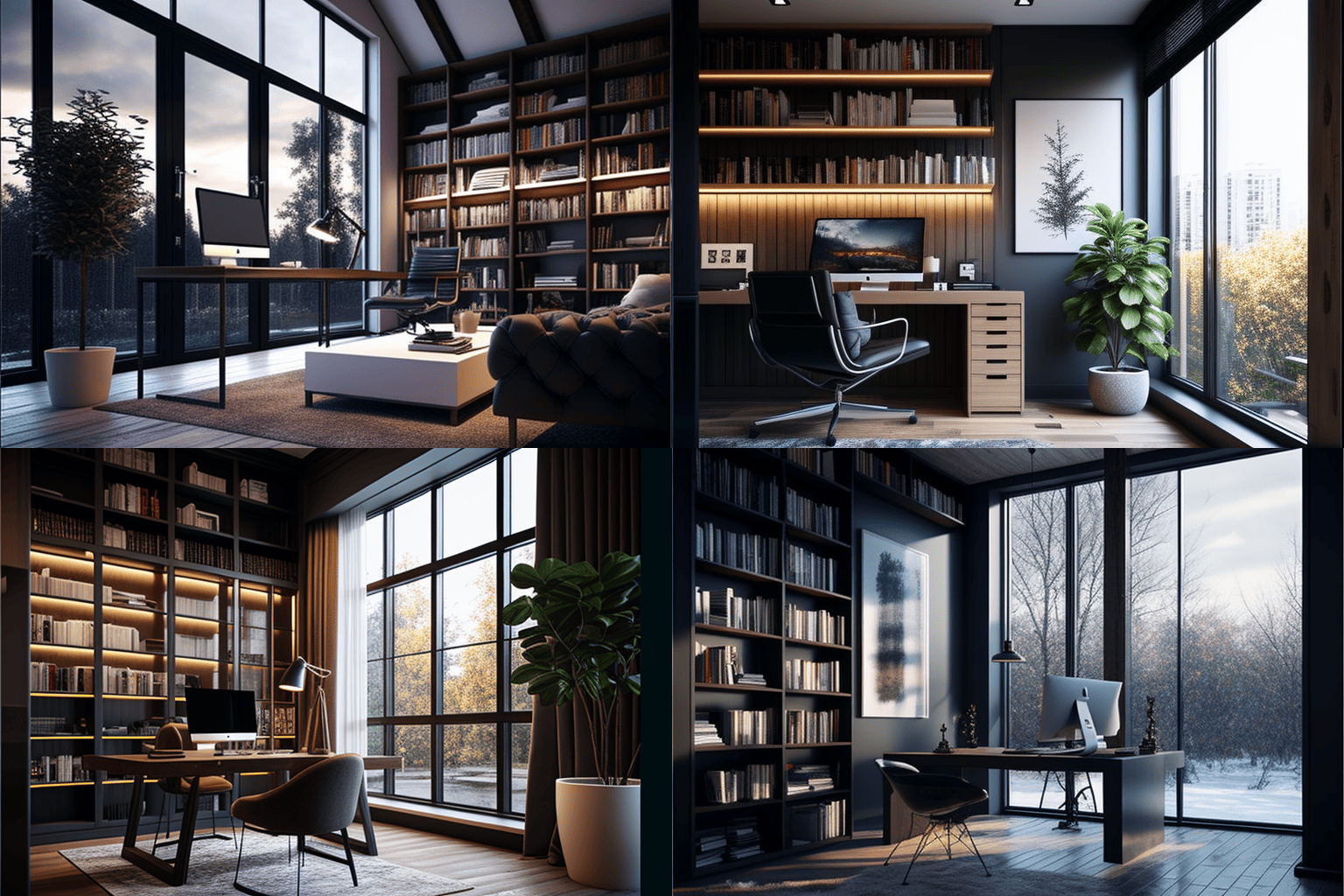 home office large windows modern furniture bookshelf