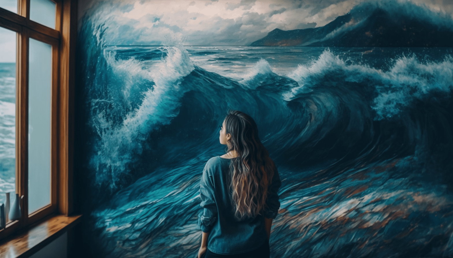 Woman looking at ocean mural in home