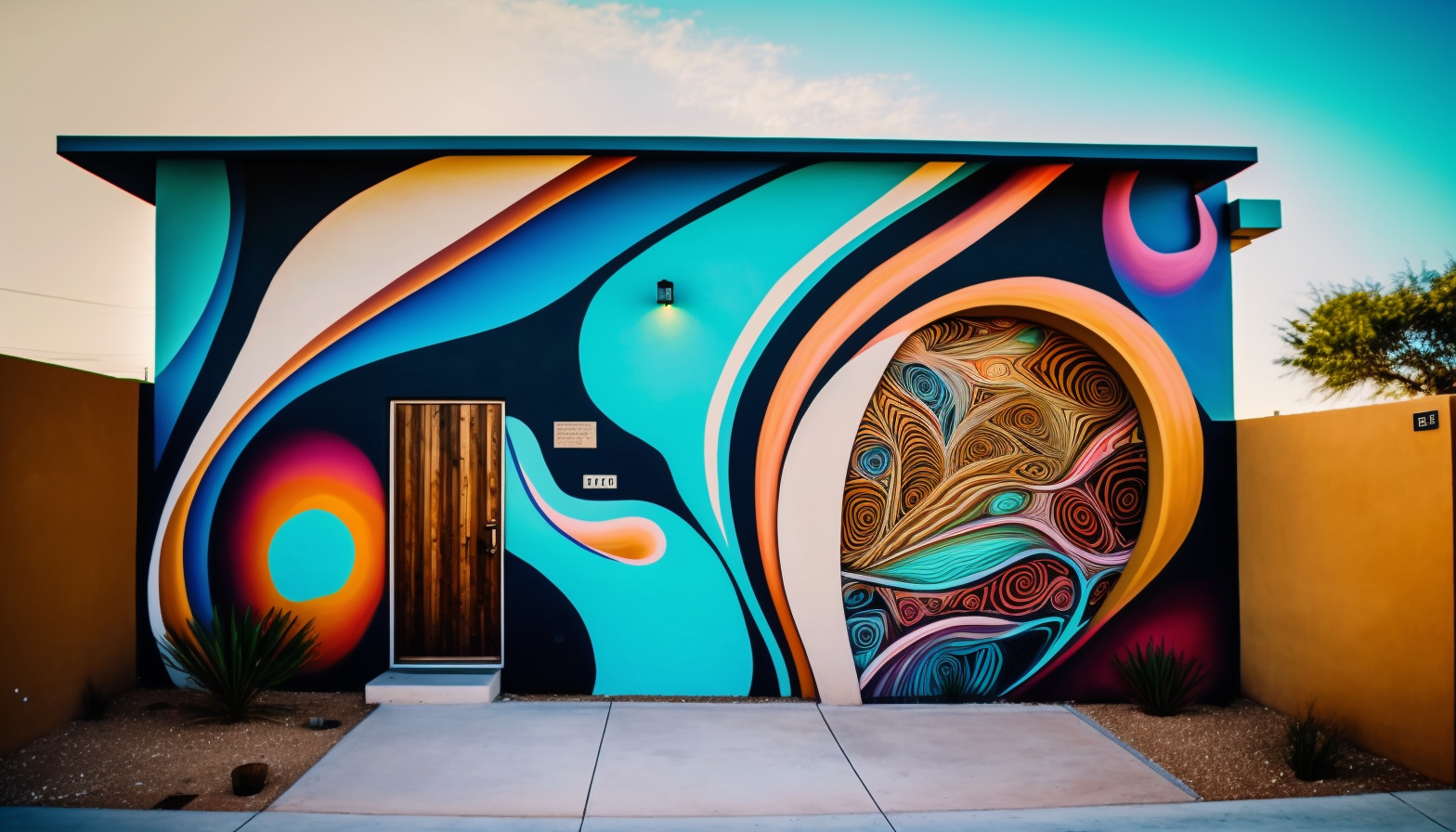 Abstract exterior mural on home facade