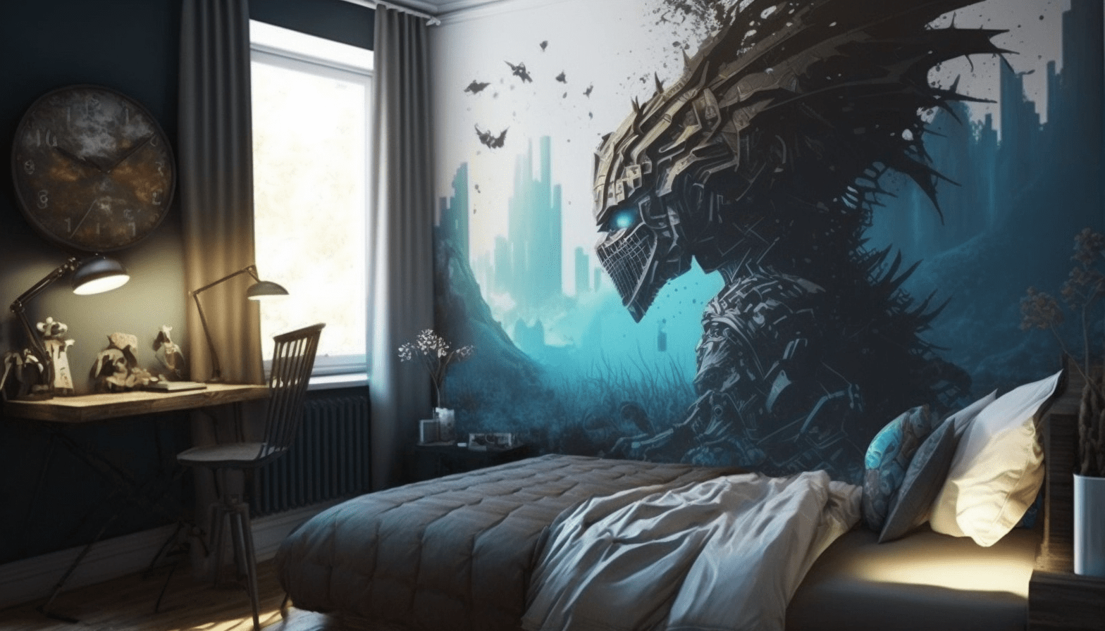 Teenager's bedroom with futuristic mural design