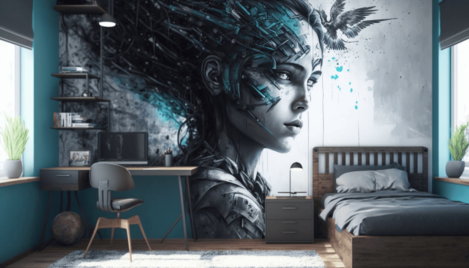 Modern teenager's room with tech-inspired mural