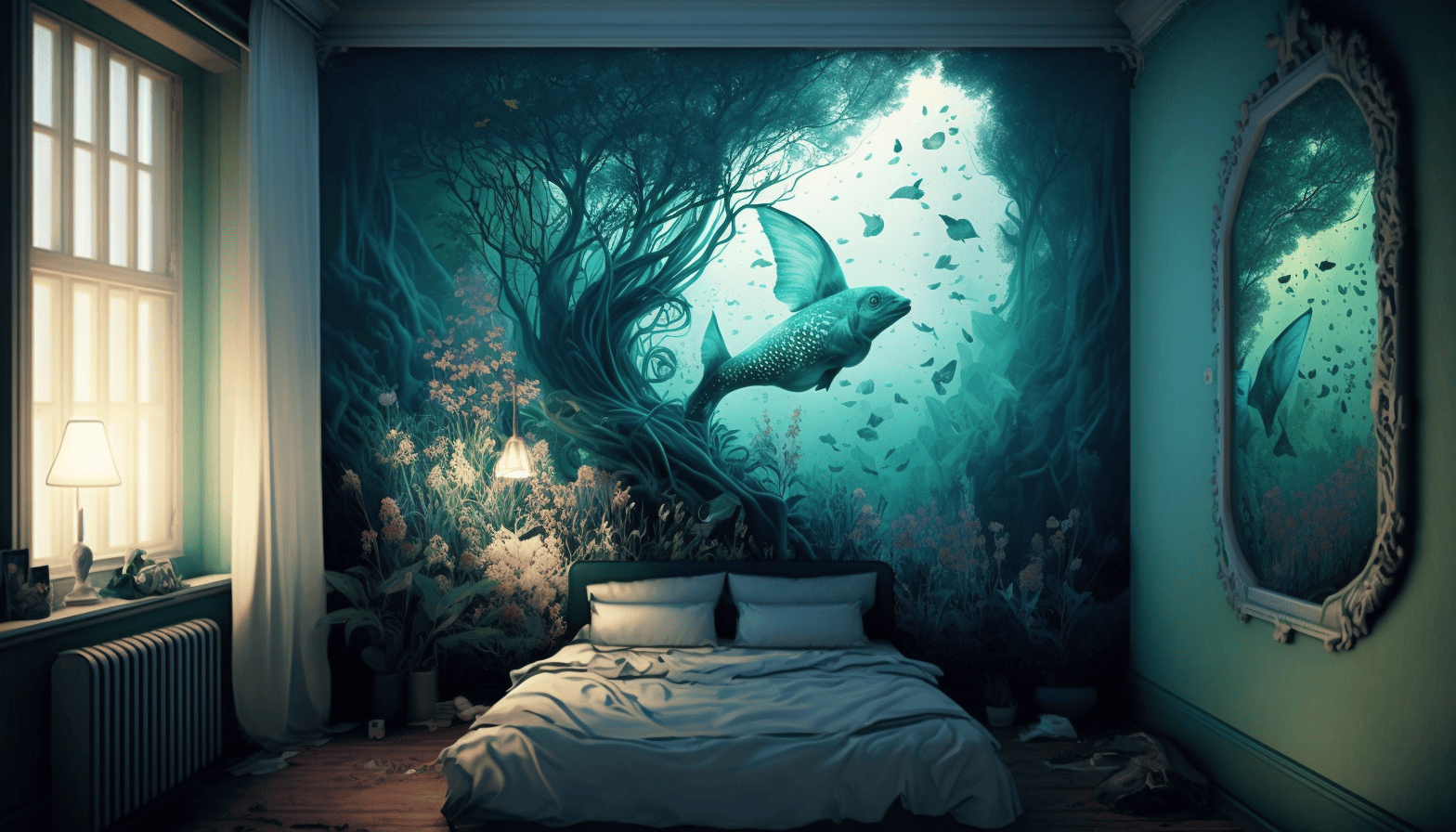 Bedroom with abstract geometric mural