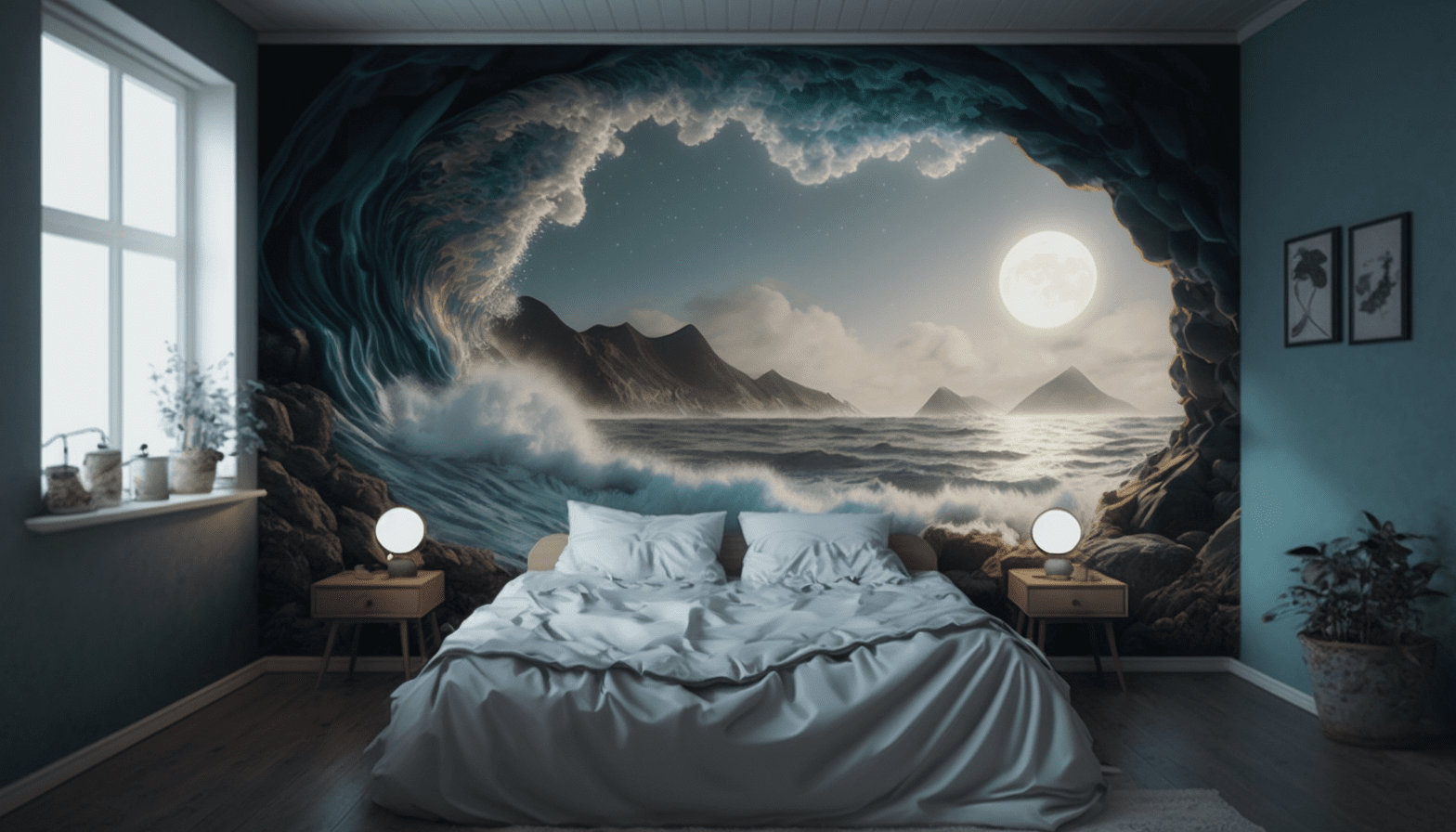 Bedroom with nature-inspired mural