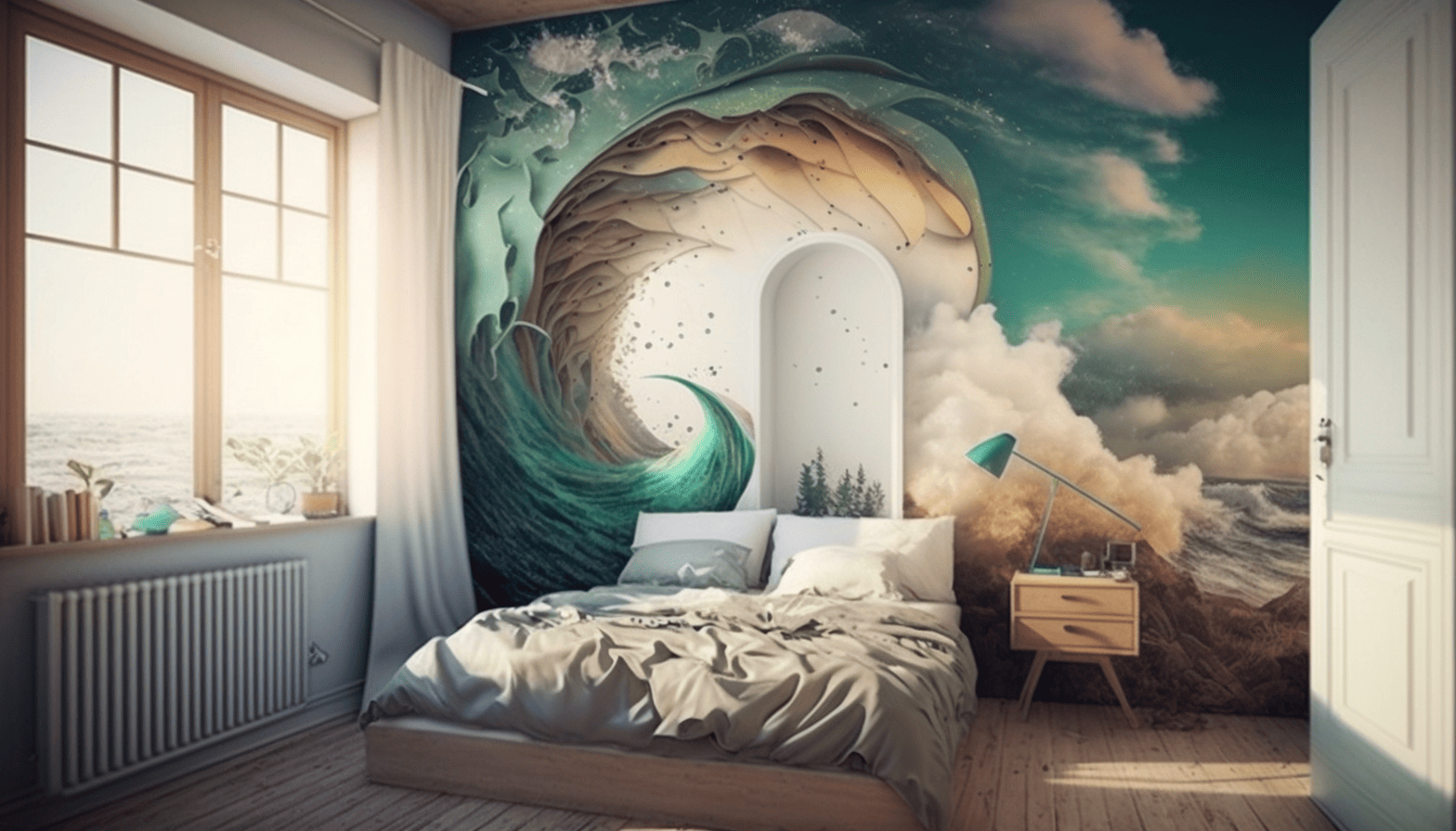 Bedroom with dreamlike mural design