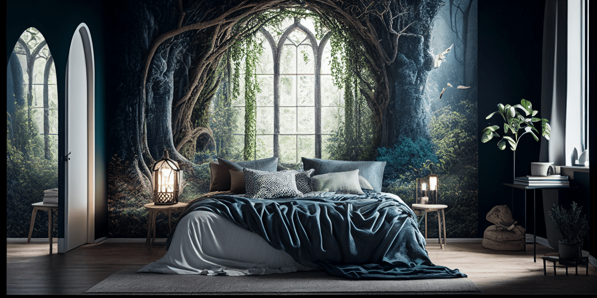 Bedroom with elegant mural design
