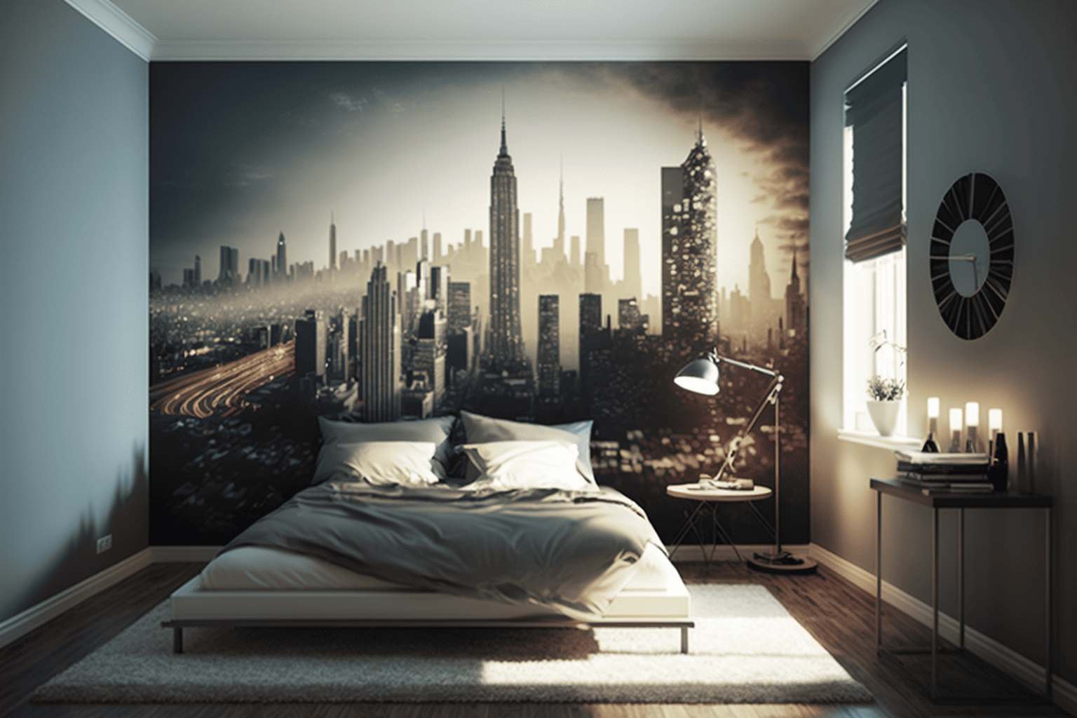 Cozy bedroom with colorful mural