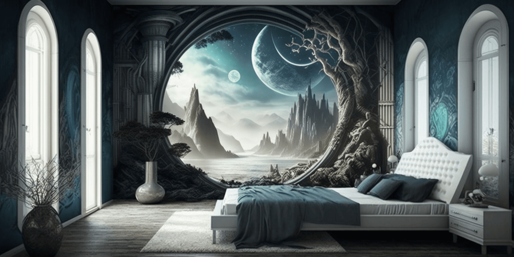 Modern bedroom with artistic wall design
