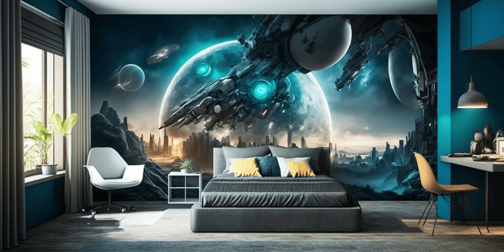 Minimalist bedroom with striking mural