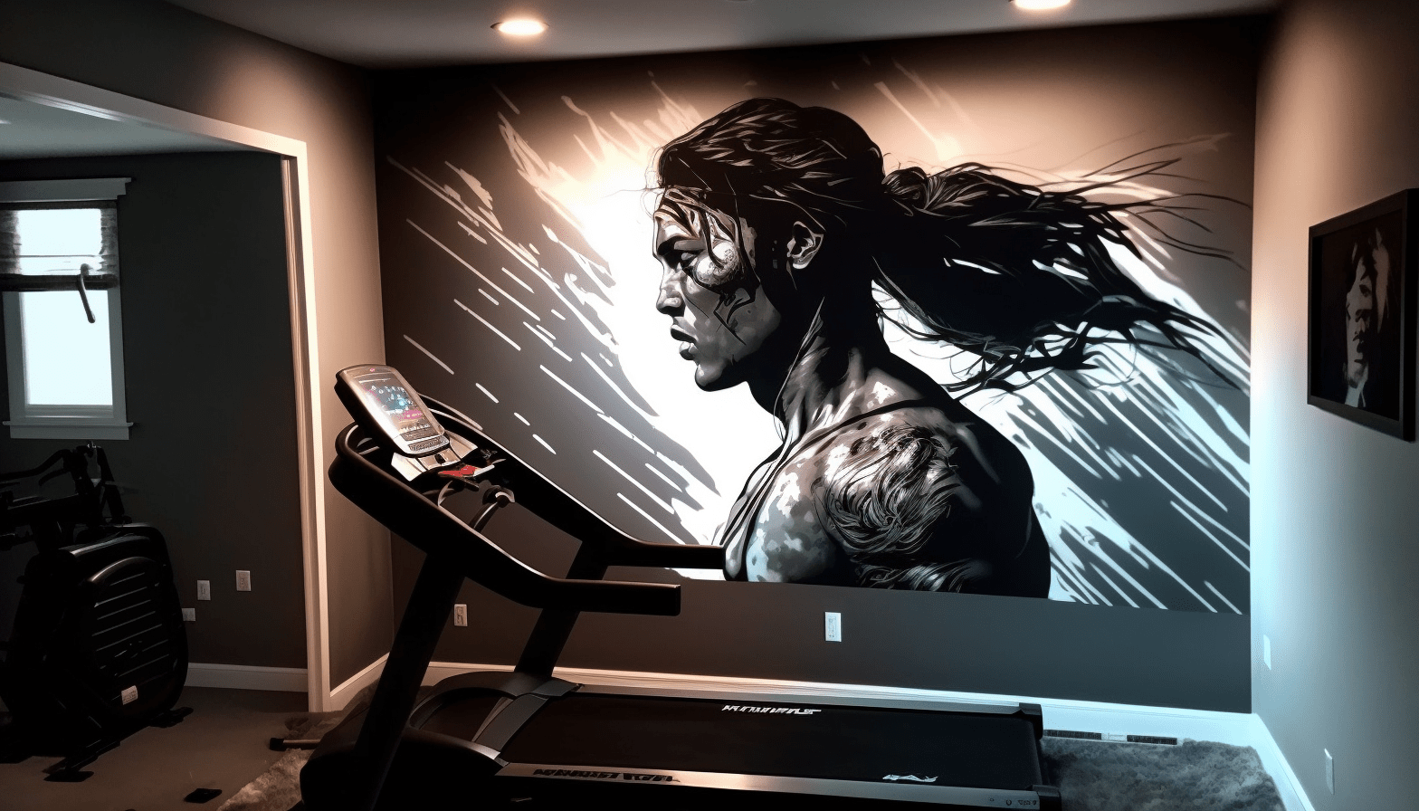 Modern home gym with motivational mural