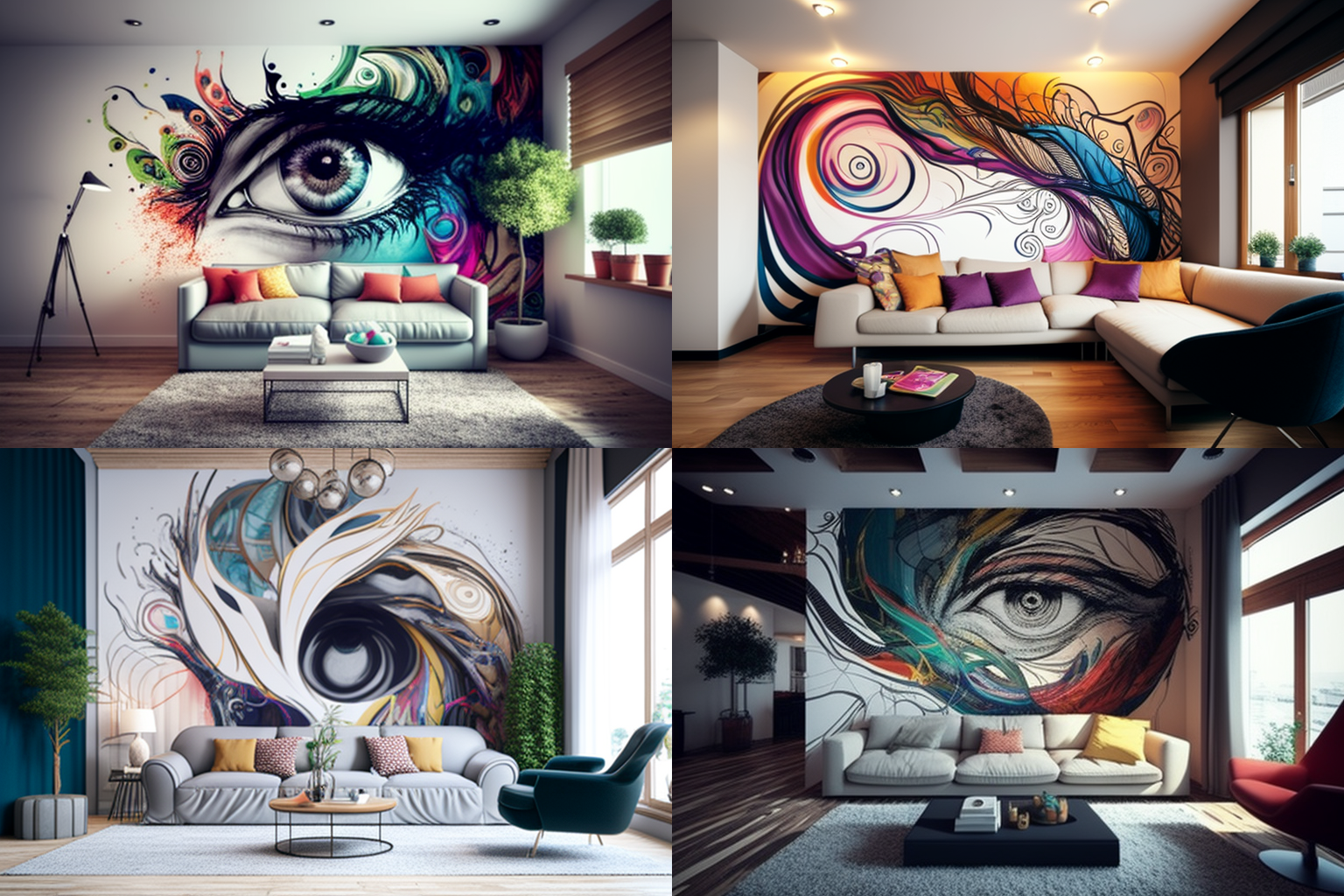 Modern living room with geometric mural
