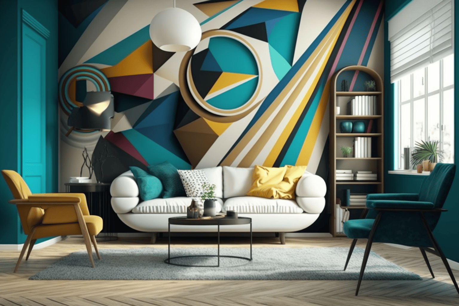 Contemporary living room with artistic wall mural