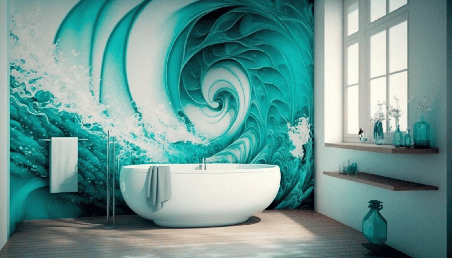 Modern bathroom with aqua-themed mural