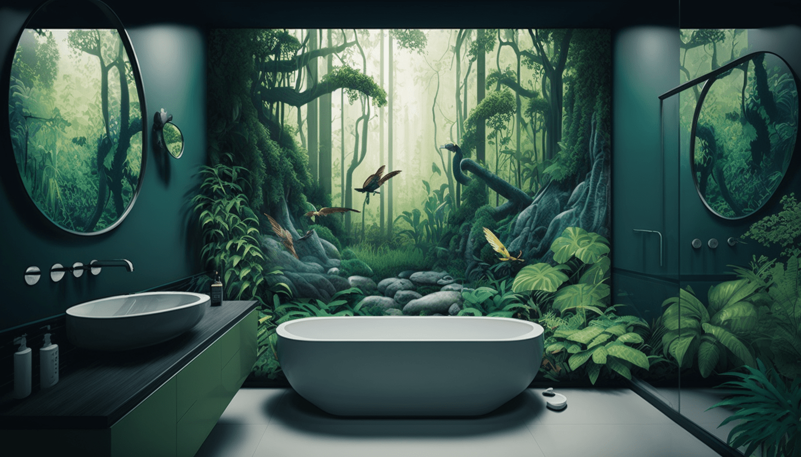 Modern bathroom with rainforest mural