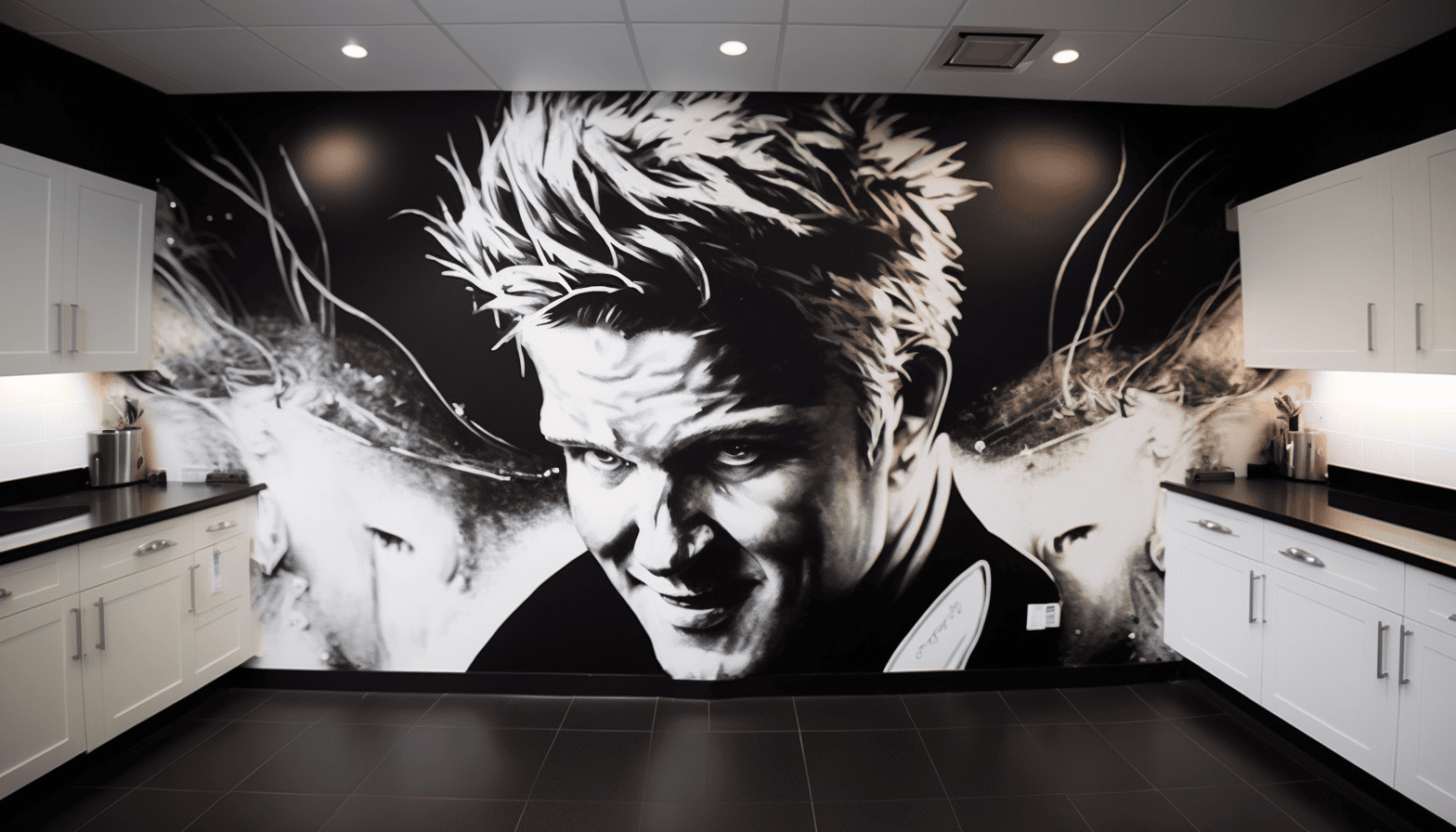 Modern kitchen with chef-inspired mural
