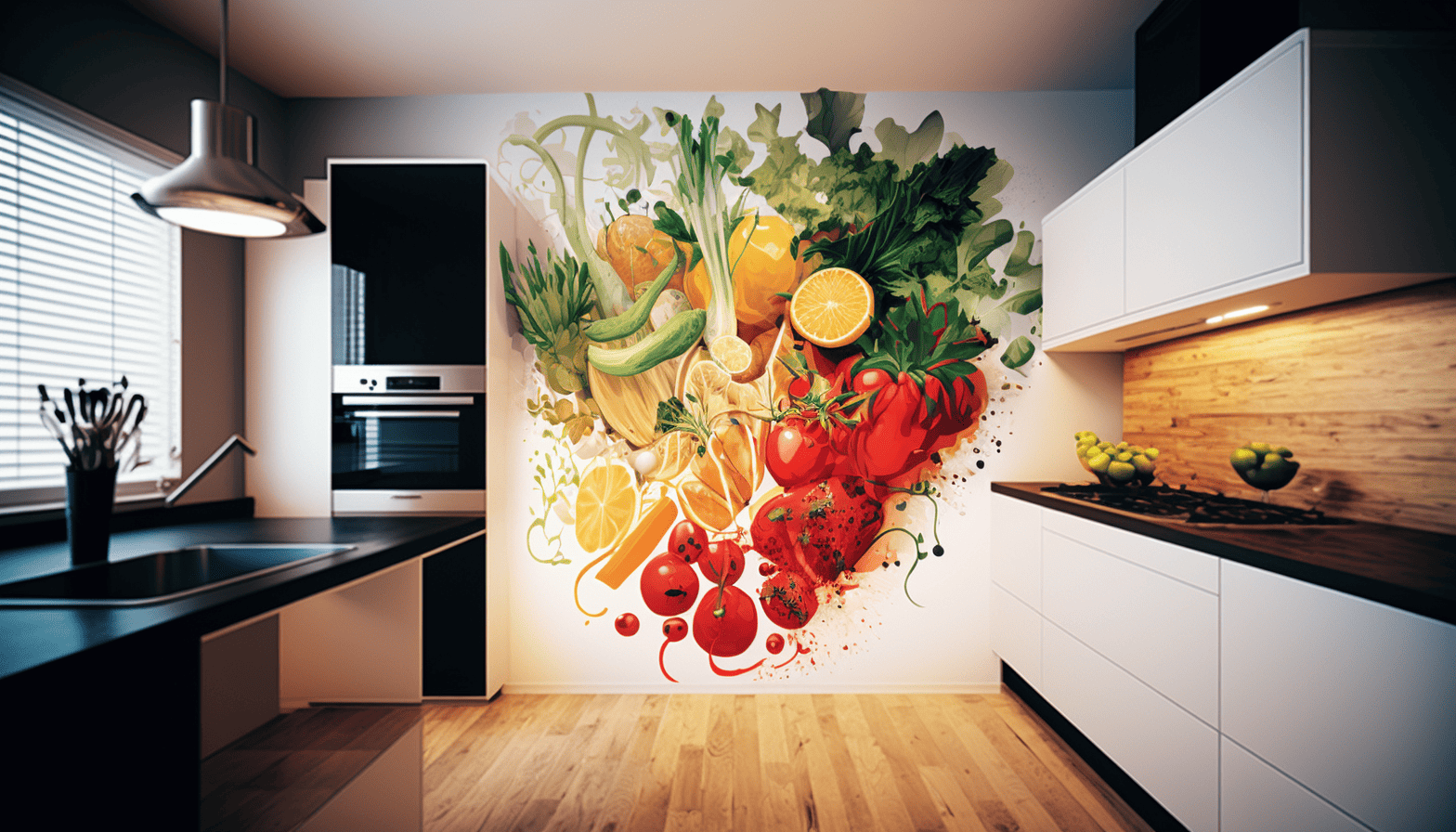 Modern kitchen with food-themed mural