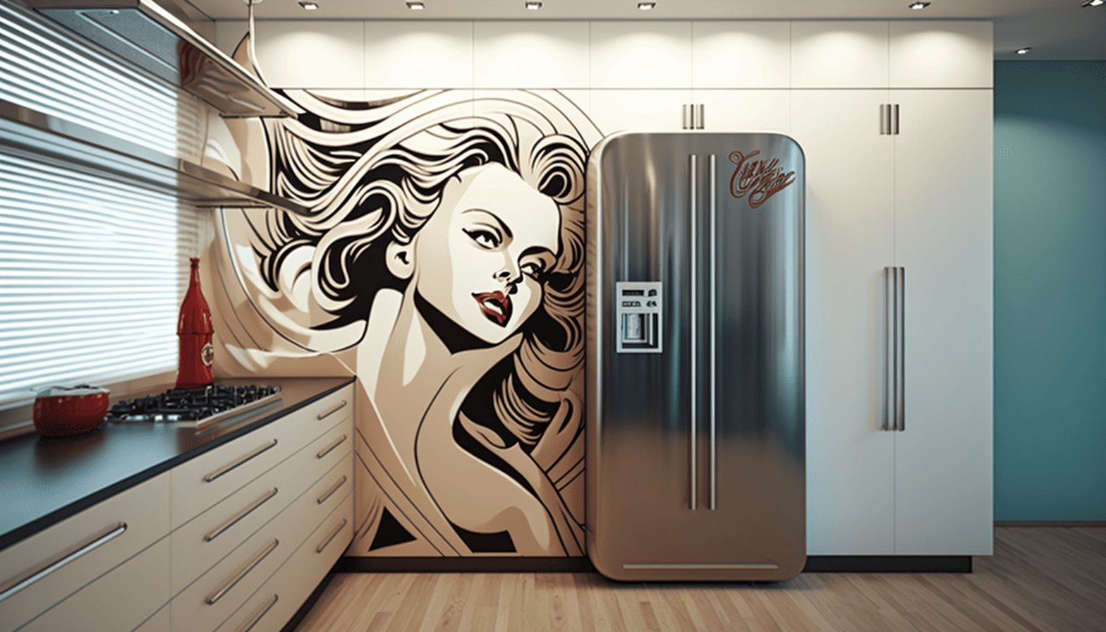 Modern kitchen with retro-style mural