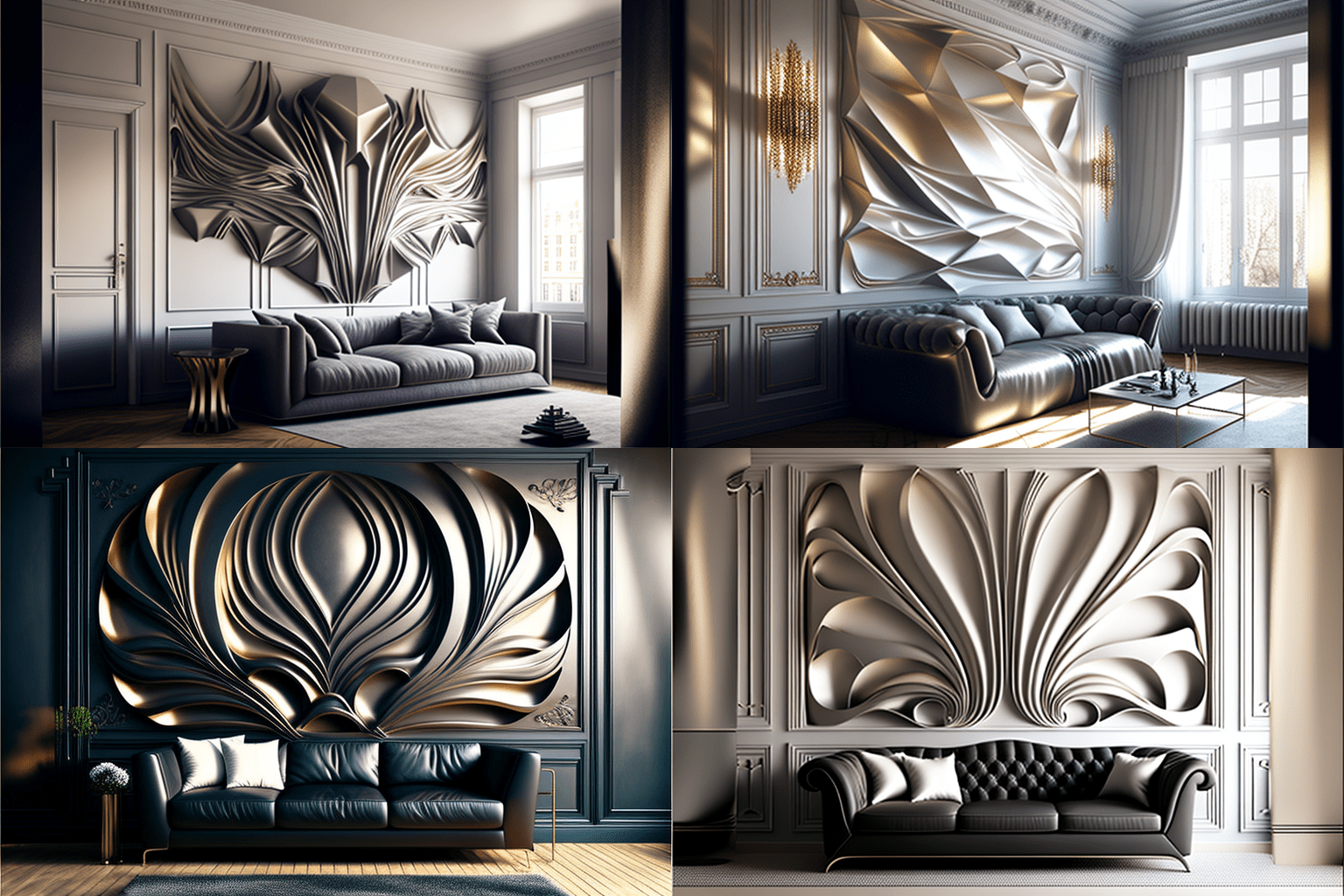 living room mural made of shiny metal daylight wainscoting