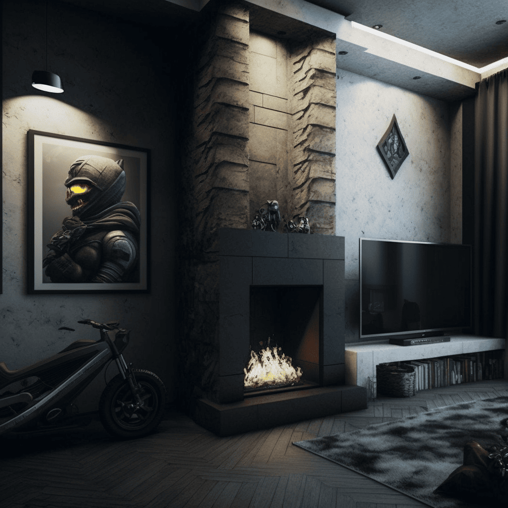 mancave with a modern inbuilt fireplace in the wall