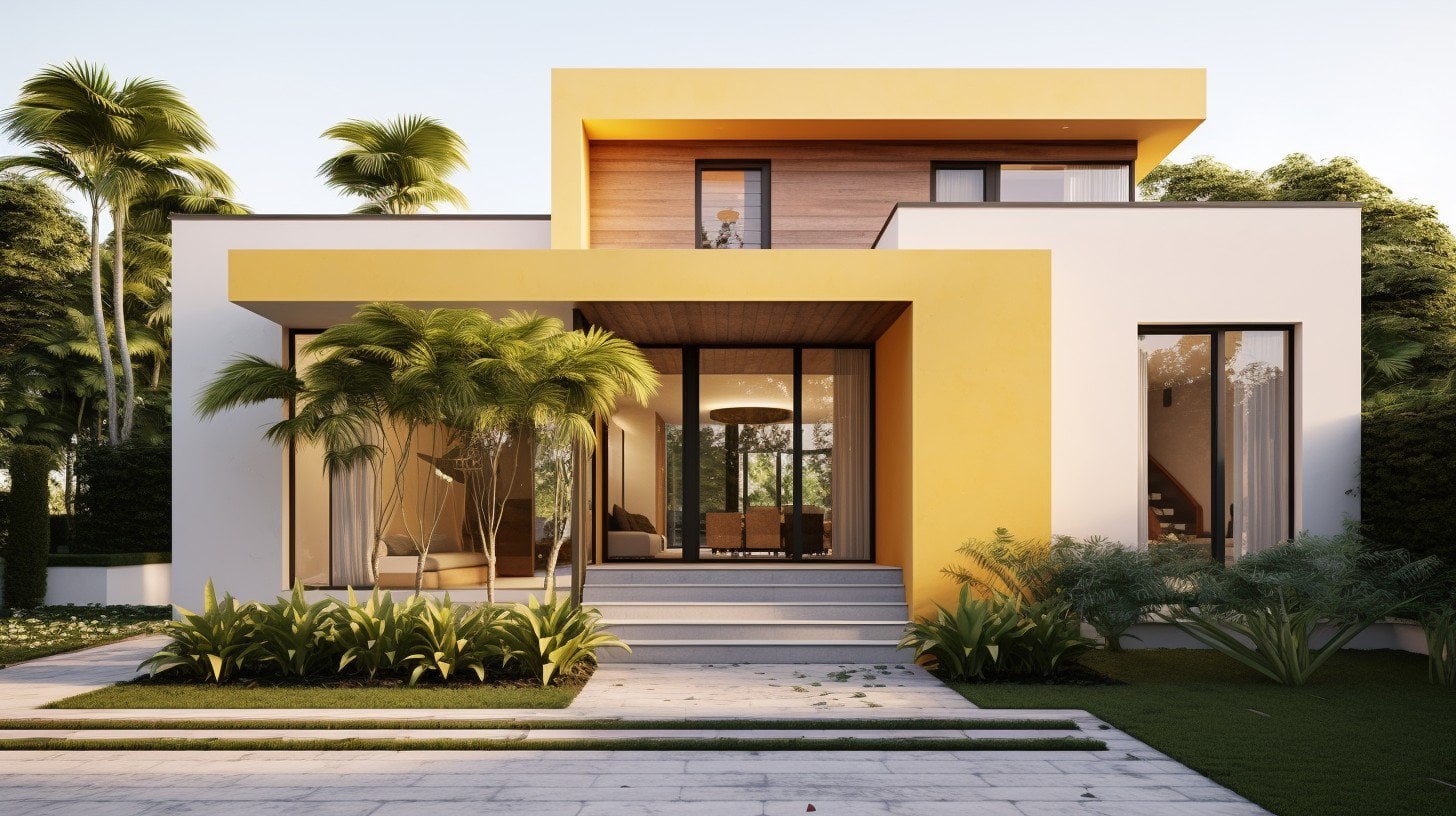 modern home with white and yellow stucco exterior