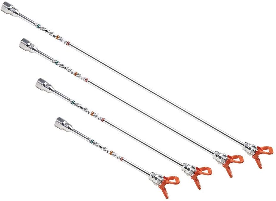 Paint sprayer extension attachments for reaching high areas and tight spaces