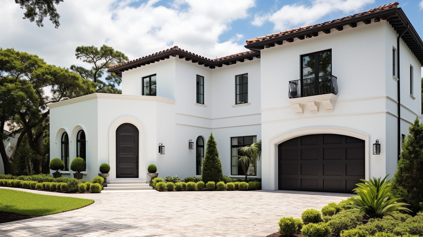 white stucco exterior with black trim